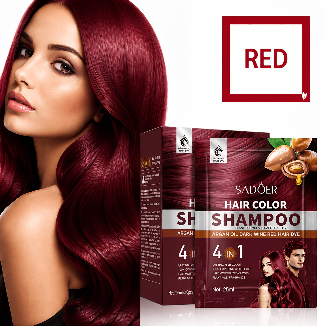 3-in-1 Hair Color Shampoo 10-Pack Single-Use Sachets Natural Dye Deep Cleansing Gel for Bath Time, Home Spa and Personal Care
