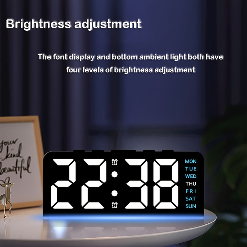 Purple-Accent LED Desk Alarm Clock with Time, Weekday and Date Display, Four Brightness Levels and USB Power