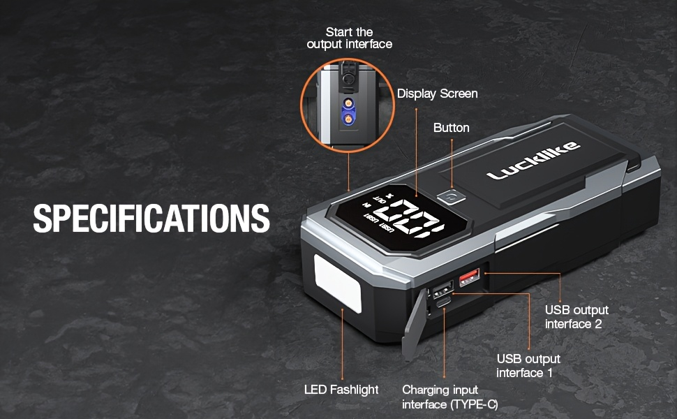 Battery Jump Starter 5000A 3000A Peak for Gas Diesel Engines QC3.0 18W Fast Charge USB-C Recharge for Garden, Patio and Yard Use