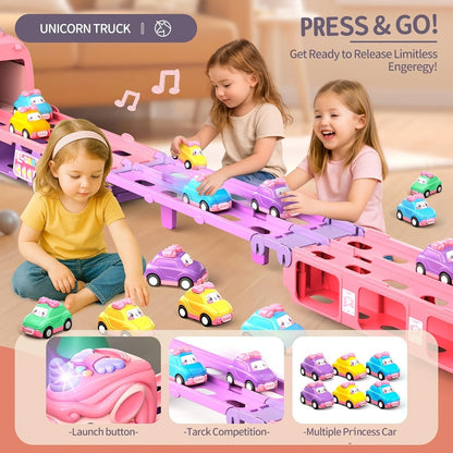 Pink Unicorn Monster Truck Track Set with 8 Princess Cars, Lights & Sounds with the Listed Color, Size or Set Options for Everyday Use