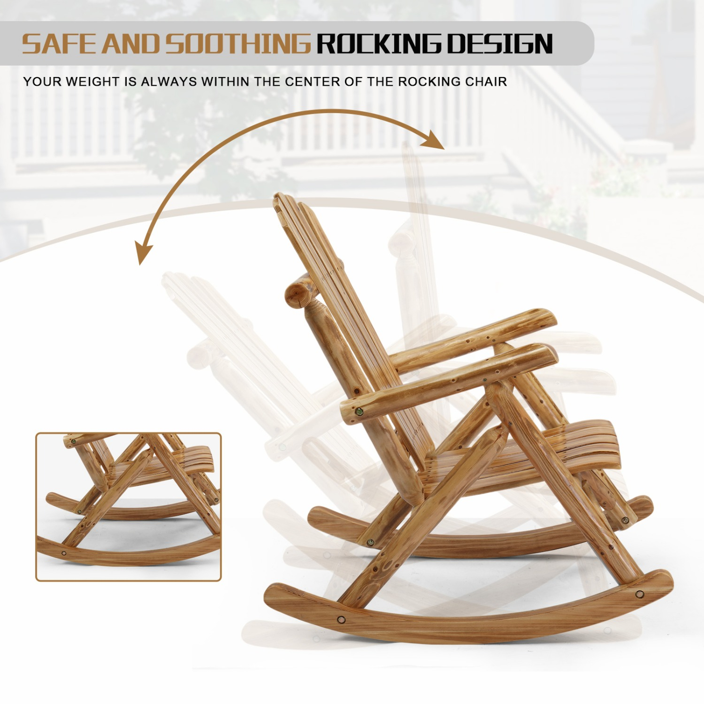 Patio Cedar Rocking Chair 26" Fan-Shaped Backrest Outdoor Rocker for Garden Poolside Patio