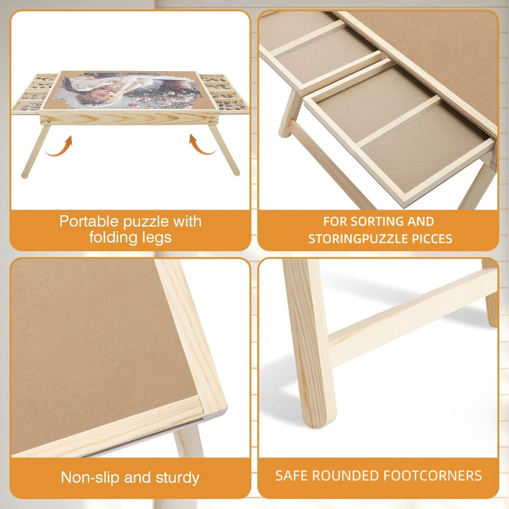 Jigsaw Puzzle Table with Folding Legs – 4 Drawers 16 Sorting Grids Portable Wooden Puzzle Board for 1000 Pieces