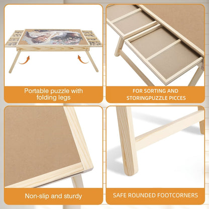 Jigsaw Puzzle Table with Folding Legs – 4 Drawers 16 Sorting Grids Portable Wooden Puzzle Board for 1000 Pieces