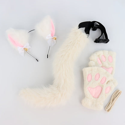 Cat Costume Set 3 Piece, Bell Ear Headband, Plush Paw Gloves & Adjustable Tail for Halloween, Cosplay