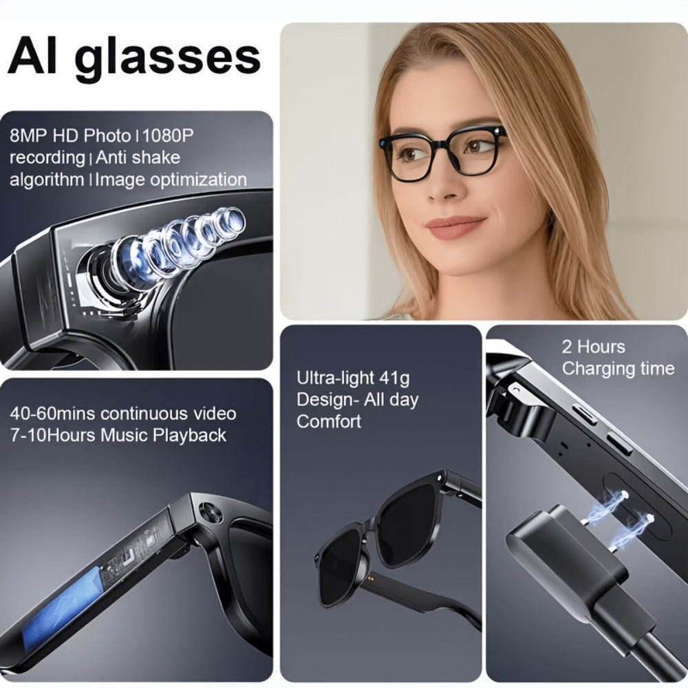Smart Glasses 8MP 1080P Camera Eyewear with Bluetooth 5.4, Wi-Fi, Built-In Audio and Two Lens Options