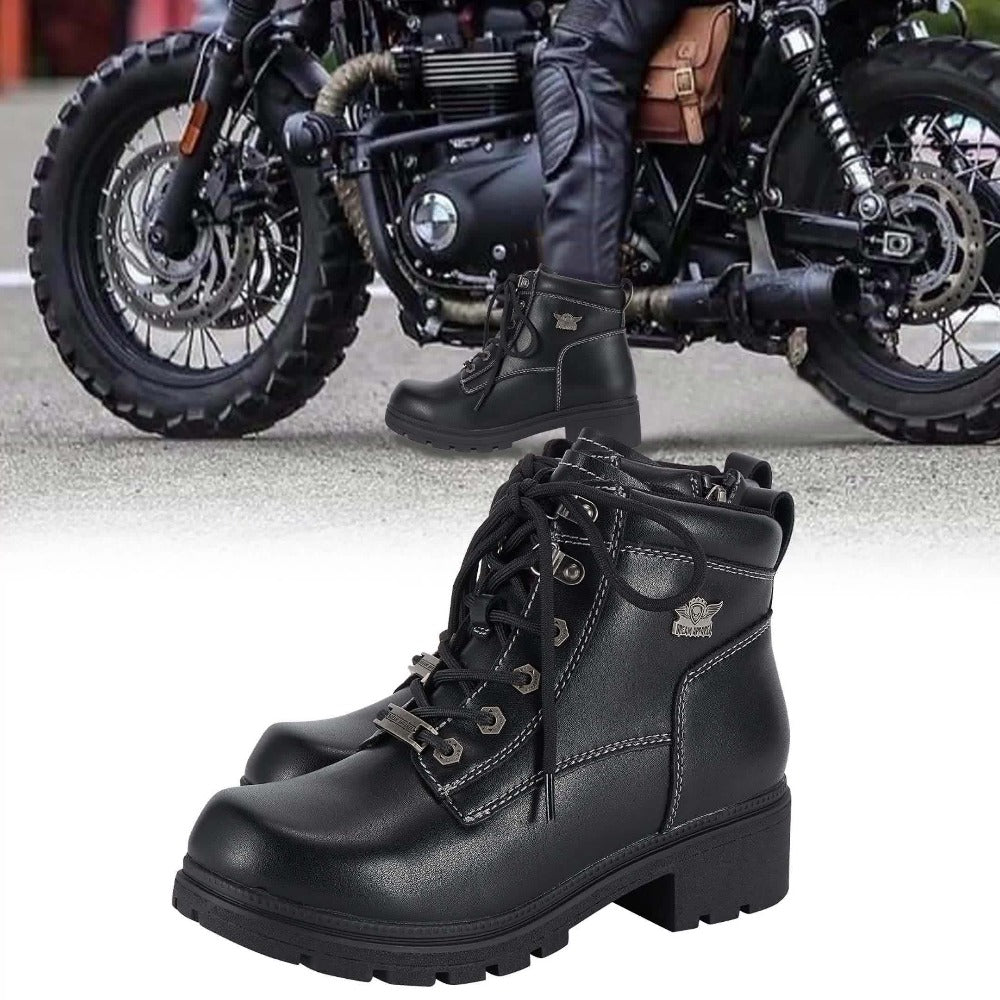 Women's Motorcycle Riding Boots, Low Heel Lace-Up Ankle Booties with Side Zipper, Non-Slip Rubber Sole Biker Combat Boots in Black Faux