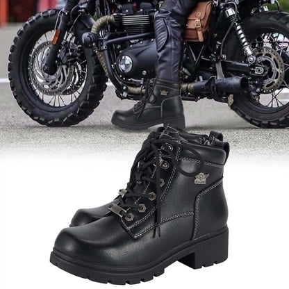 Women's Motorcycle Riding Boots, Low Heel Lace-Up Ankle Booties with Side Zipper, Non-Slip Rubber Sole Biker Combat Boots in Black Faux