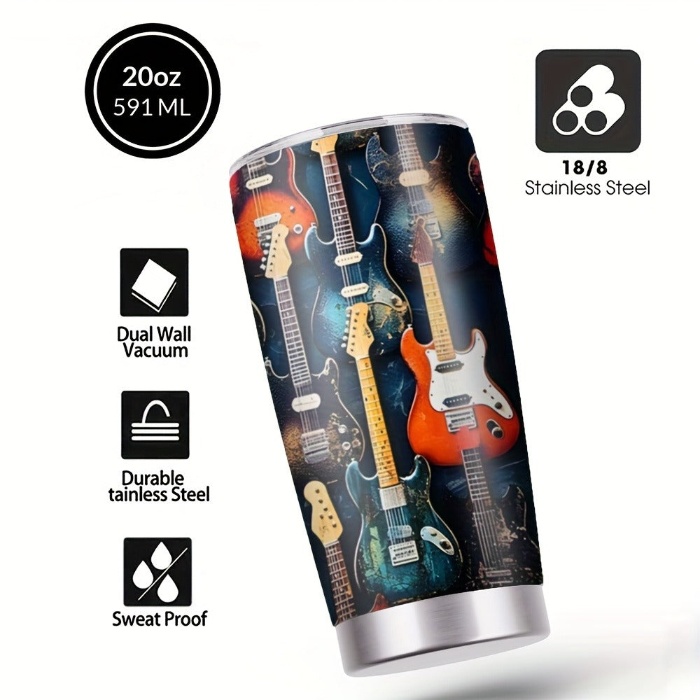 Insulated Tumbler 20oz Guitar Pattern Stainless Steel Travel Mug with Lid and Straw Double for Entryways, Bedrooms and Living Spaces