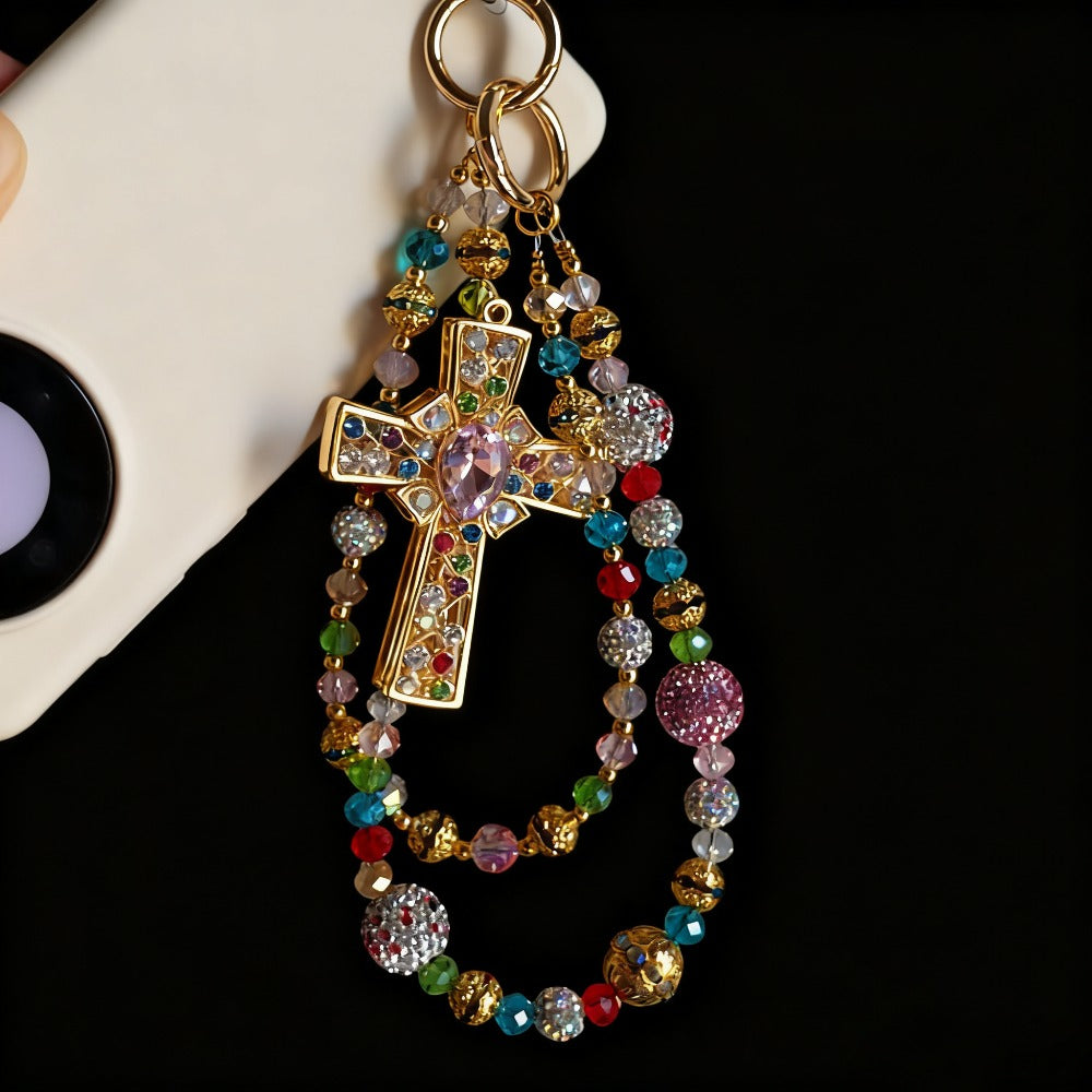 Crystal Cross Phone Chain Keychain Luxury Rhinestone Bling Bag Charm Pendant – Shining Mini Bag Chain Fashion Accessory for Women Colorful