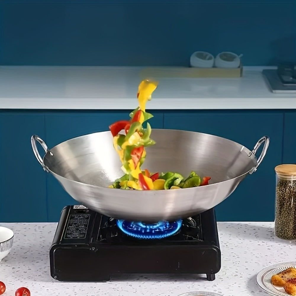 Stainless Steel Wok & Frying Pan, Non-Stick Cooking Surface, Handle, Compatible with Gas, Induction & Electric Stovetops