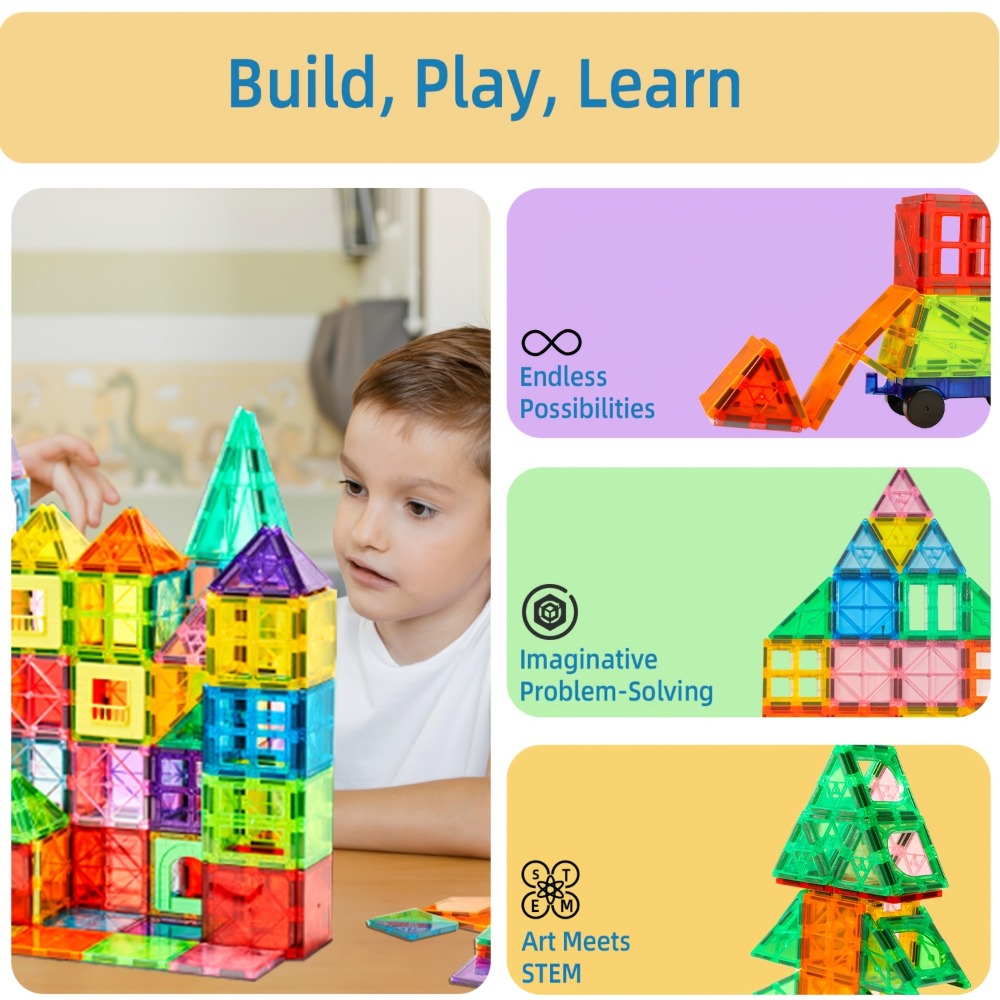 Magnetic Tiles Building Set for Kids 3 4 5 6 7 8 – 80 106 136 205pcs Clear 3D Magnet Building Blocks STEM Educational Toy Child-Safe ABS