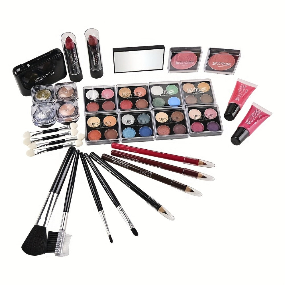 Makeup Kit 56-Piece Handled Mirror Case with Mixed Face, Eye and Lip Cosmetics in Silvery or Rose Color