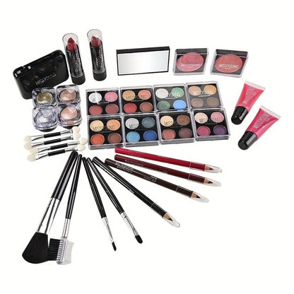 Makeup Kit 56-Piece Handled Mirror Case with Mixed Face, Eye and Lip Cosmetics in Silvery or Rose Color