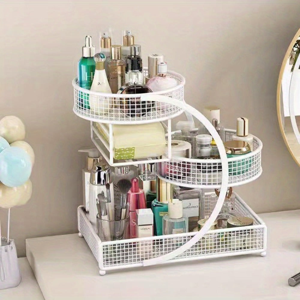 3-Tier Metal Cosmetic Organizer with Tissue Box Holder No-Installation Countertop Makeup Skincare Storage Rack for Bathroom Dresser Vanity