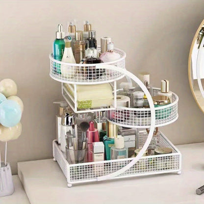 3-Tier Metal Cosmetic Organizer with Tissue Box Holder No-Installation Countertop Makeup Skincare Storage Rack for Bathroom Dresser Vanity