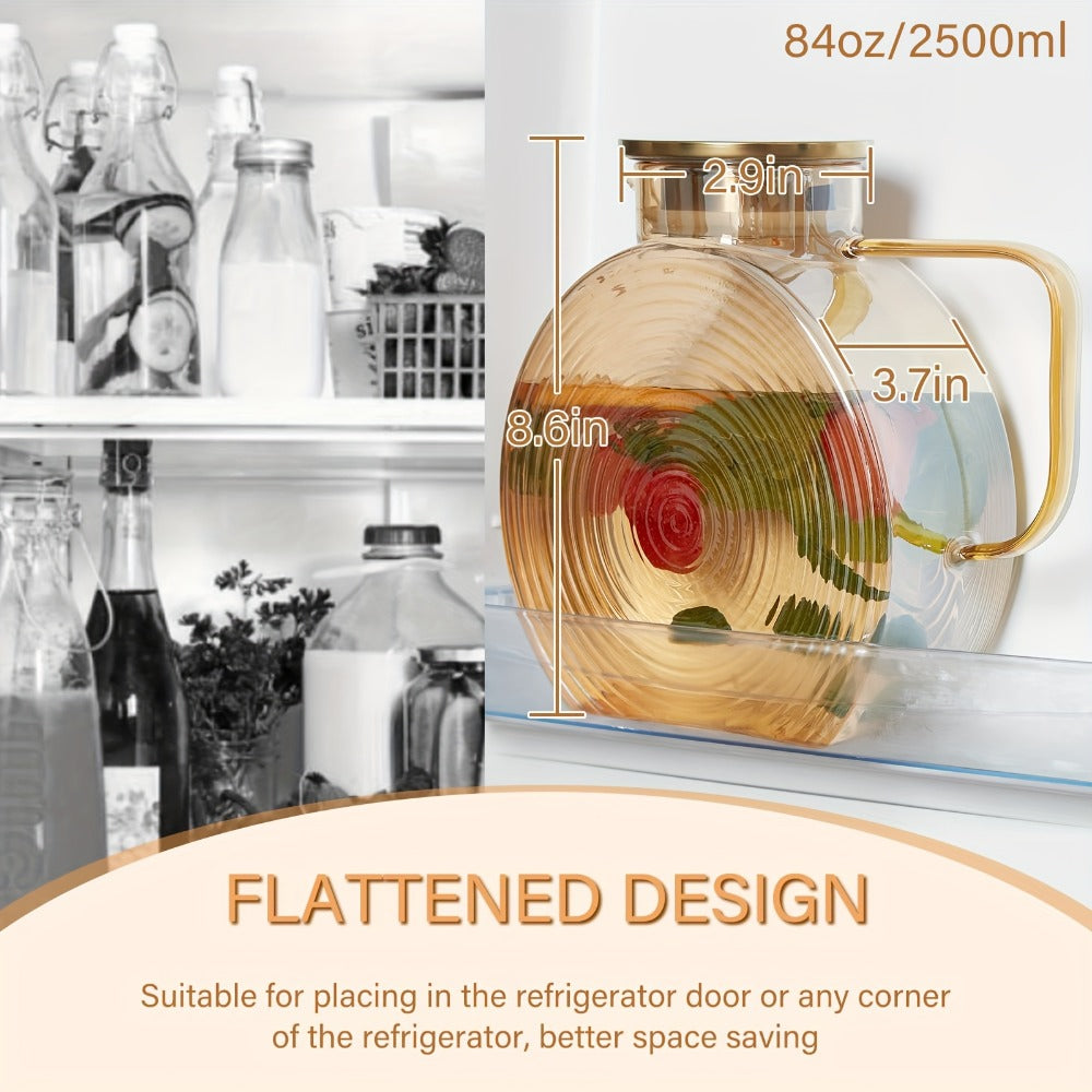 Round 84-Ounce Glass Pitcher with Concentric Texture, Side Handle and Golden or Gray Accent Lid