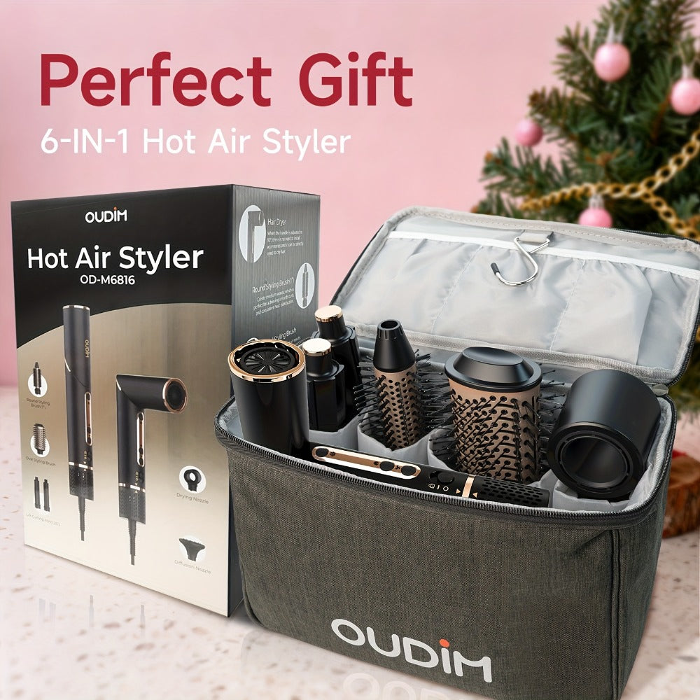 OUDIM 6-in-1 Hot Air Brush Hair Styling Tool with 110, 000 RPM Motor, Foldable Handle and Storage Bag