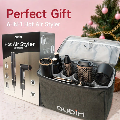 OUDIM 6-in-1 Hot Air Brush Hair Styling Tool with 110, 000 RPM Motor, Foldable Handle and Storage Bag