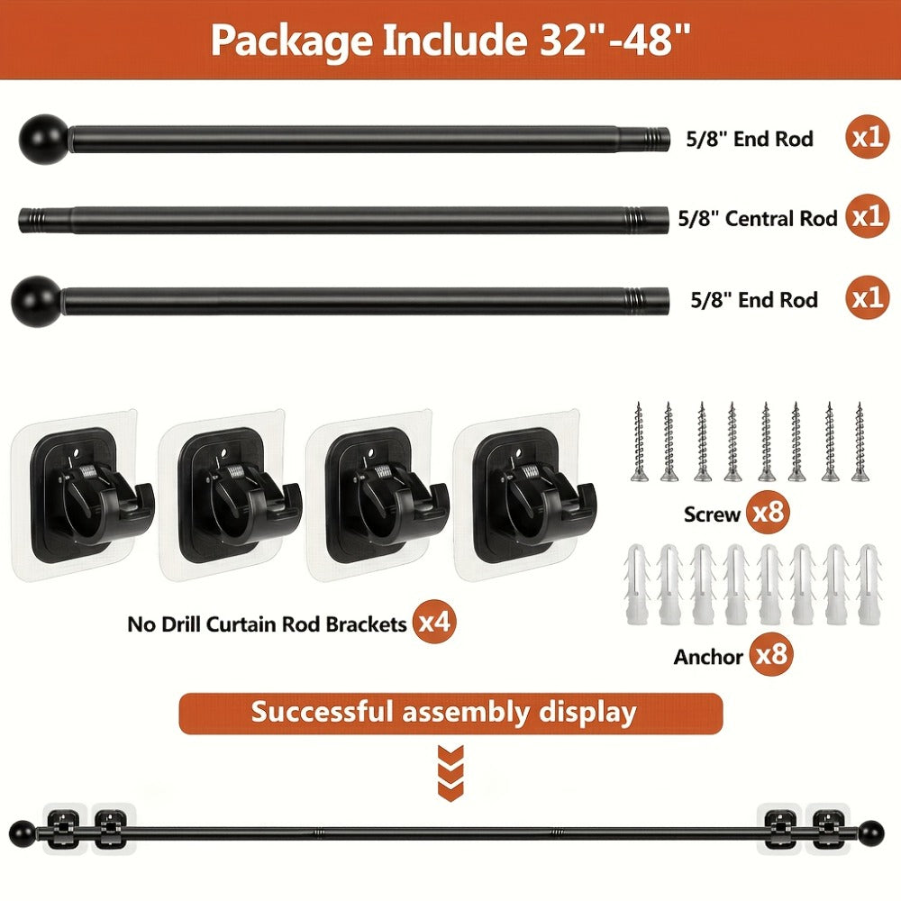 No-Drill Curtain Rod Set with Adhesive Brackets Renter Friendly 5/8 Inch Adjustable Window for Entryways, Bedrooms and Living Spaces