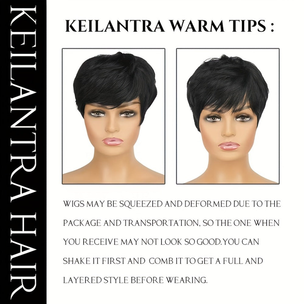 Straight Pixie Human Hair Wig with Bangs, Black 6-Inch Length and Approximately 22.5-Inch Cap