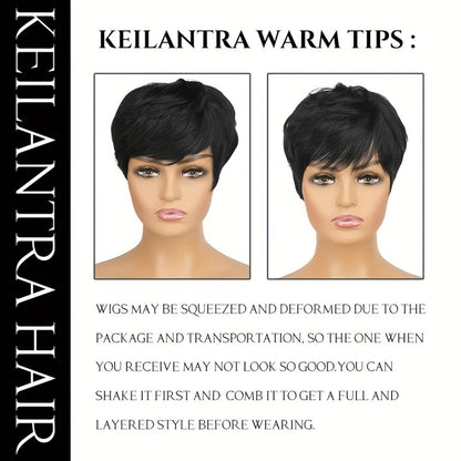 Straight Pixie Human Hair Wig with Bangs, Black 6-Inch Length and Approximately 22.5-Inch Cap