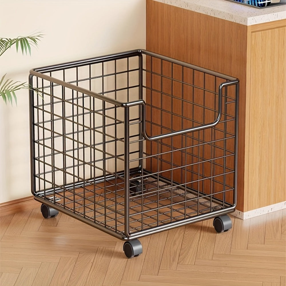Black Rolling Metal Wire Storage Basket, 44 x 28 x 40cm with Open Front, Open Top and Four Casters