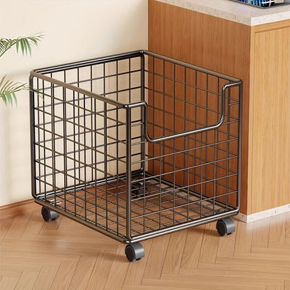 Black Rolling Metal Wire Storage Basket, 44 x 28 x 40cm with Open Front, Open Top and Four Casters