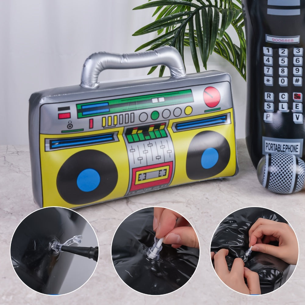 Inflatable Party Props 3 Pcs Blow Up Boombox Microphone & Retro Phone – 80s Hip Hop Theme Birthday Decorations for Graduation