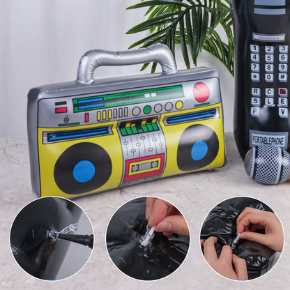 Inflatable Party Props 3 Pcs Blow Up Boombox Microphone & Retro Phone – 80s Hip Hop Theme Birthday Decorations for Graduation