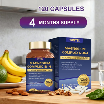 Magnesium Complex 700mg 12-in-1 120 Capsules with Glycinate, Citrate, Malate & Taurine for Sleep