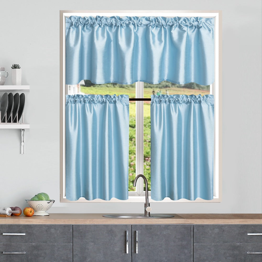 Three-Piece Faux Silk Window Curtain Set with Rod-Pocket Valance, Two 26 x 36-Inch Tiers and Eleven Colors