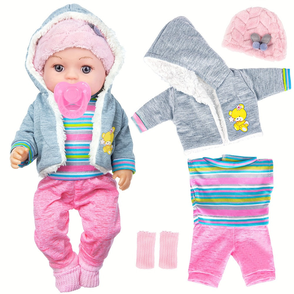 Winter Outfit Baby Doll Set 12 Inch Plush Coat Movable Limbs Clothes Socks Pacifier Bottle Utensils Nurturing Play Gift for Girls Kids Ages