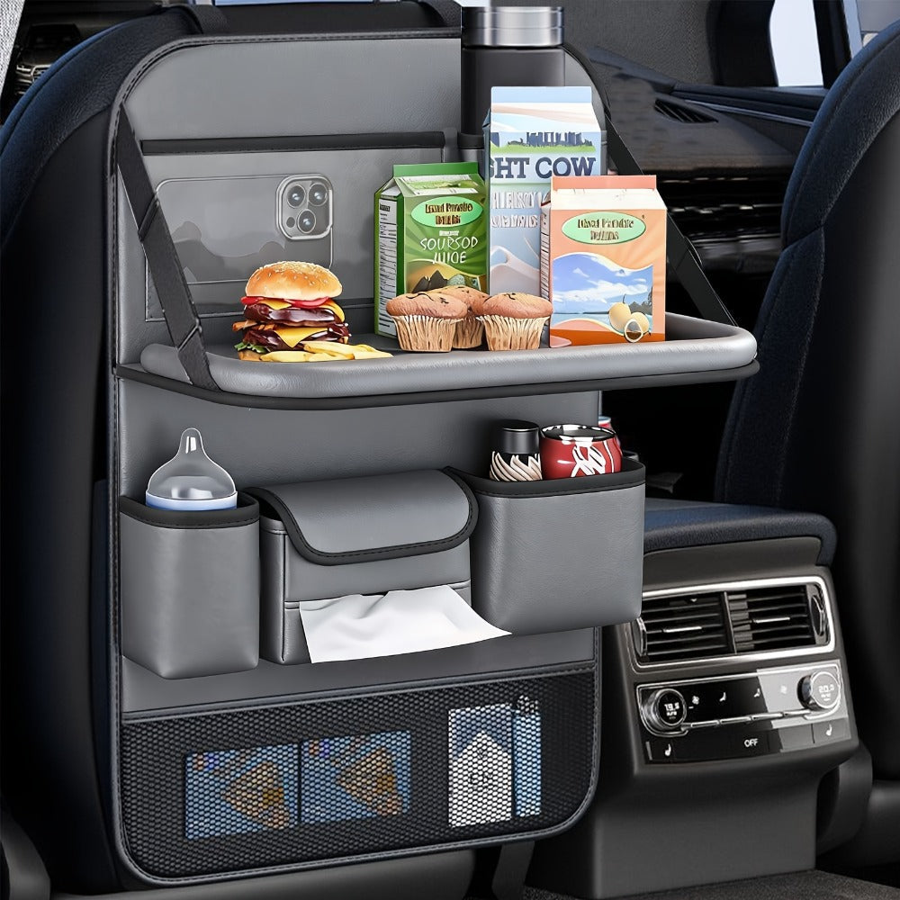 Seatback Car Organizer with Fold-Down Tray, Cup Recesses, Tissue Opening and One- or Two-Piece Packs