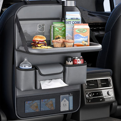 Seatback Car Organizer with Fold-Down Tray, Cup Recesses, Tissue Opening and One- or Two-Piece Packs