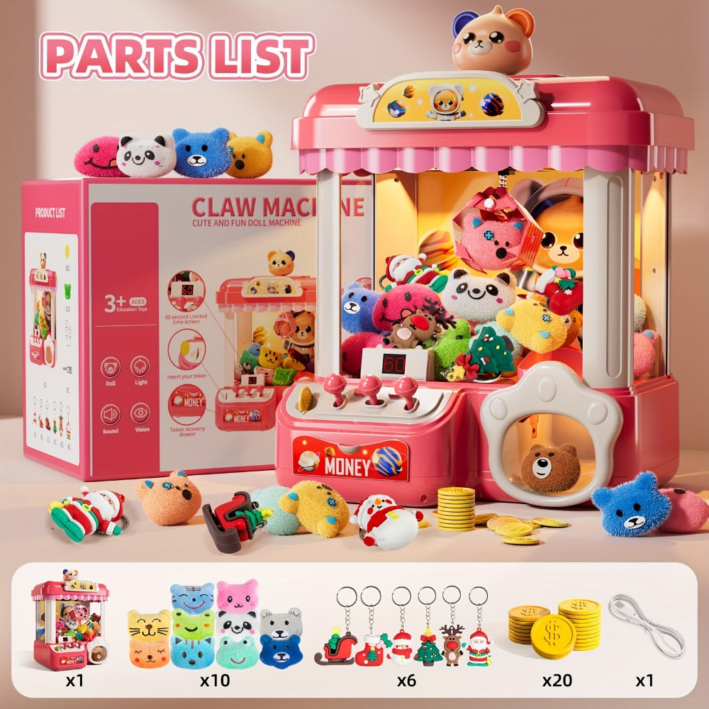 Mini Claw Machine for Kids with Lights Music Pink, Large 16.9" Arcade Claw Toy with 20 Coins 16 Plush Dolls USB Cable