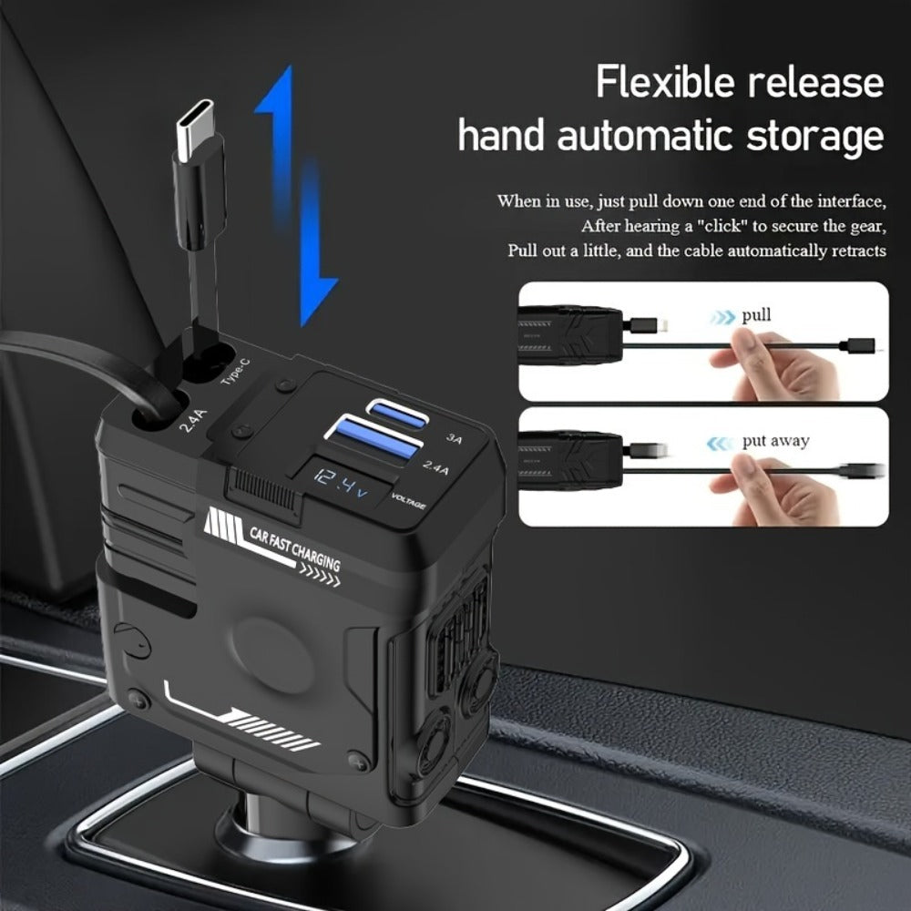 Dual Retractable Cable Car Charger 4-in-1 with Lightning & Type-C 31in, 2 USB-A Ports & Voltage Supervision