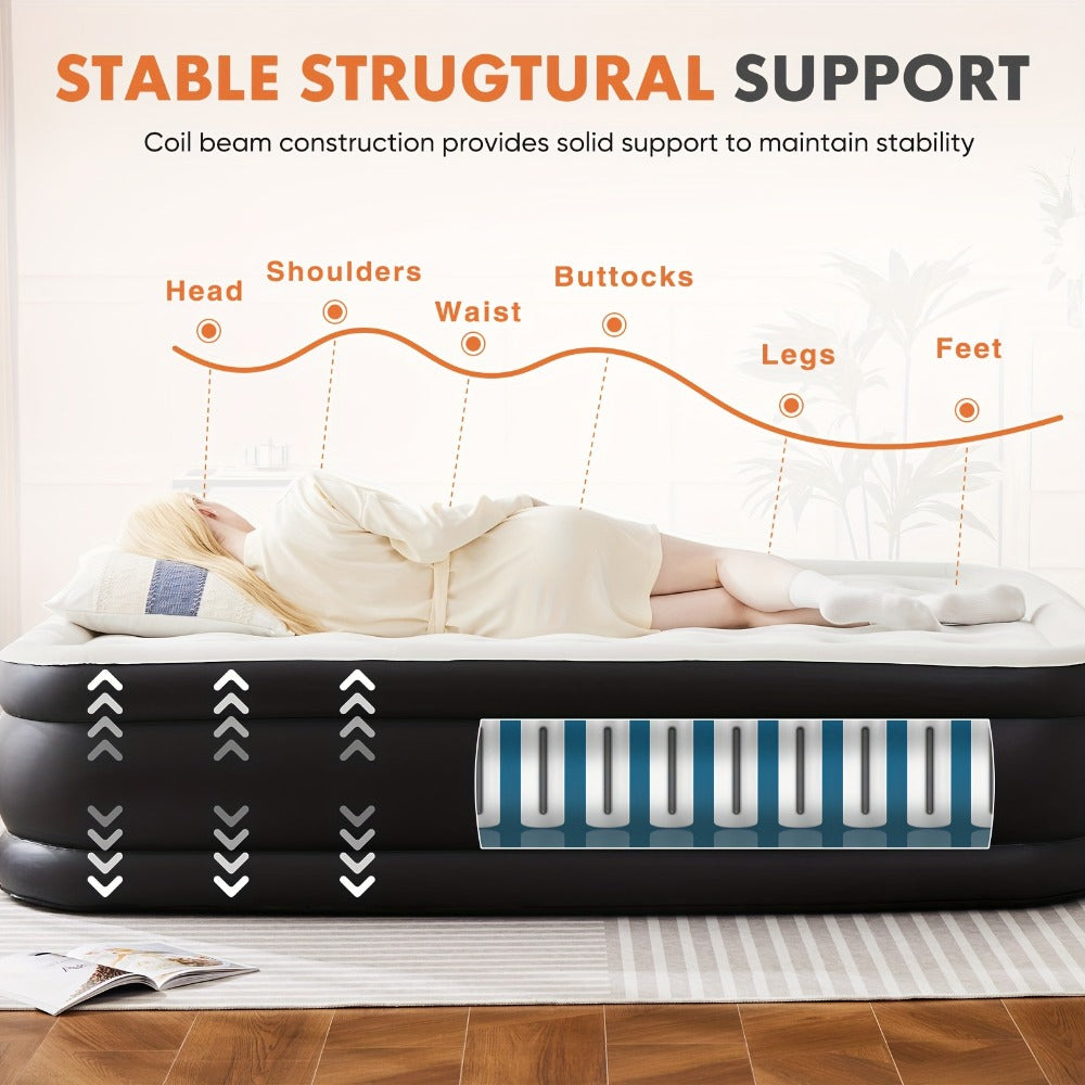Air Mattress with Coil Beam Support, Plush Velvety Top Bottom - Guest Bed Inflatable Mattress for Camping & Home