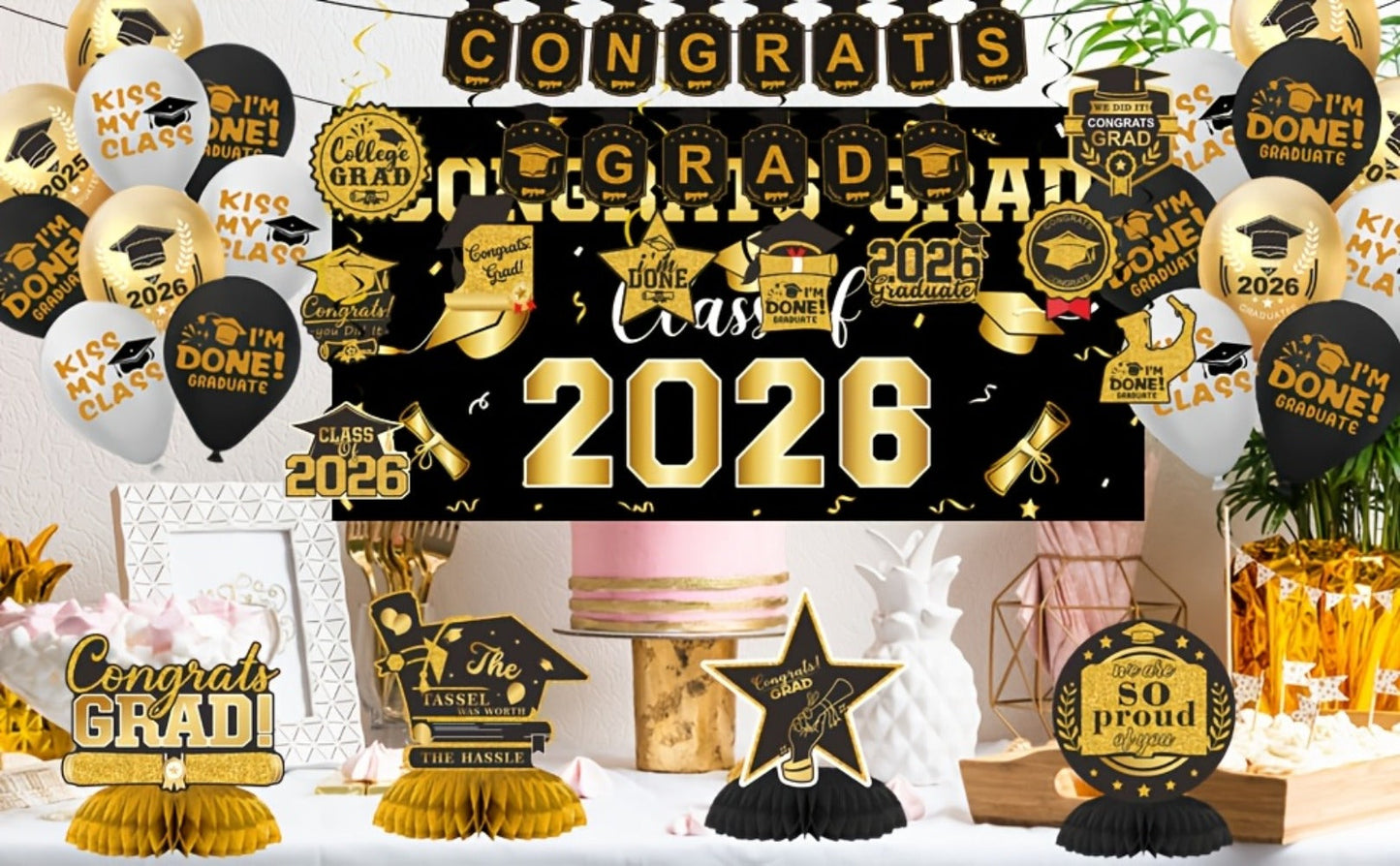 Class of 2026 Graduation Decoration Set with Letter Banner, Hanging Pieces and Six Color Options