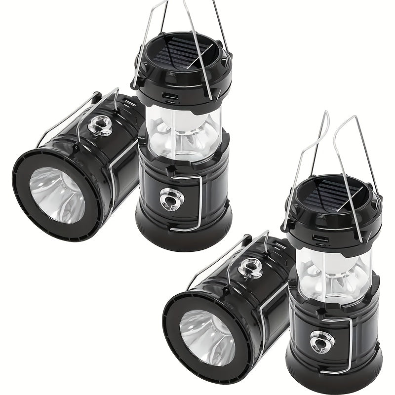 Retro Camping Lantern Four-Piece Set with USB Charging, Collapsible Body, Hanging Handles and Black Finish