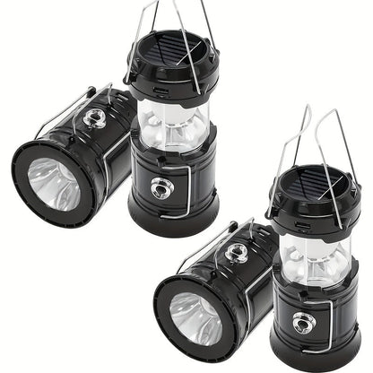 Retro Camping Lantern Four-Piece Set with USB Charging, Collapsible Body, Hanging Handles and Black Finish