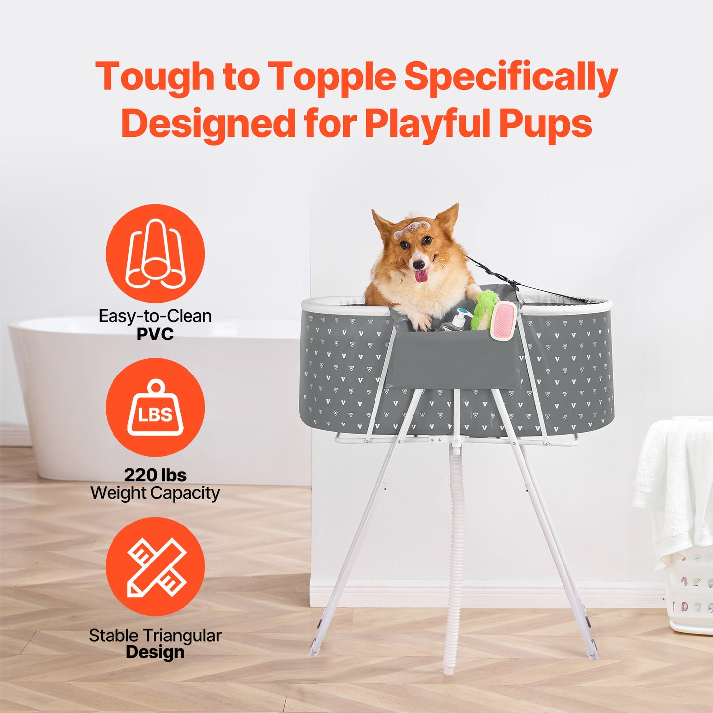 Elevated Foldable Pet Bathtub – Stand-Up Dog Grooming Tub with Carbon Steel Legs, 220 lbs Capacity & Expandable Drain Hose | 33"x18" PVC Tub