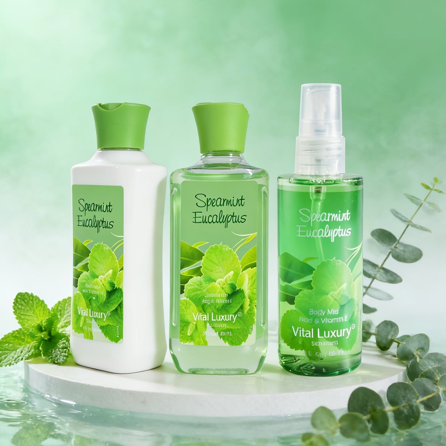 Three-Piece Peppermint Eucalyptus Bath Set with Body Lotion, Shower Gel and Fragrance Mist