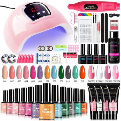 Gel Nail Polish Kit with UV Lamp & Electric Nail Drill – 12 Colors Gel Polish Set, Poly Extension Gel, Top &