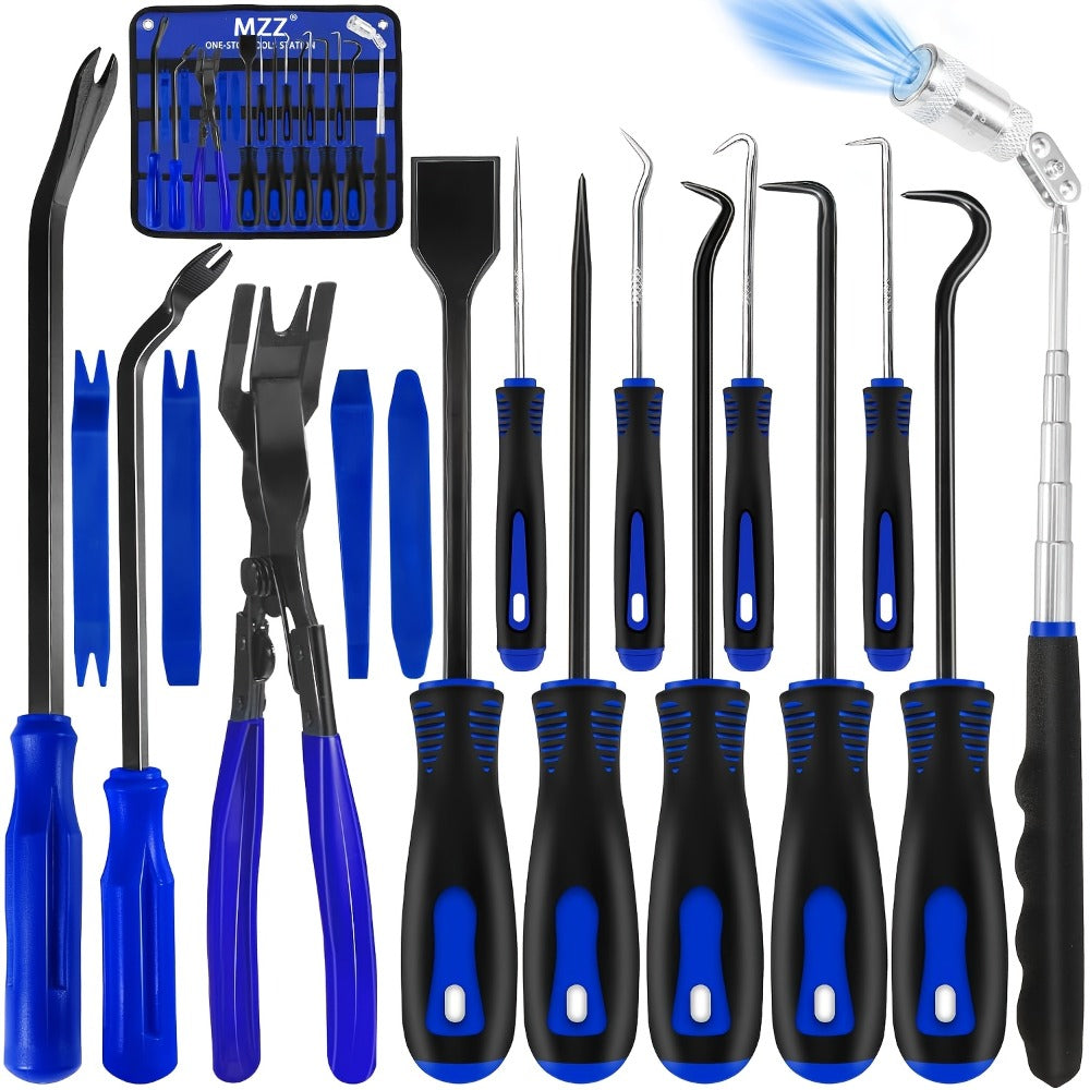 Car Trim Removal Tool Kit 17-Piece – Hook & Pick Set, Clip Removal Plier, Rivet Puller, Scraper & Telescoping Magnetic Pickup Automotive