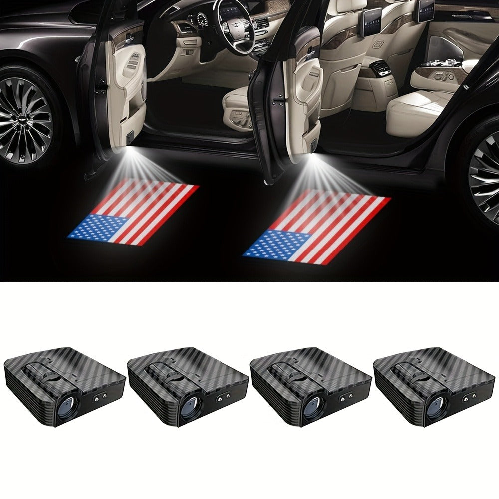 LED Door Projector Lights 4pcs American Flag Logo Wireless Car Door Step Welcome Shadow Light Universal Fit All Car Brands Battery Powered