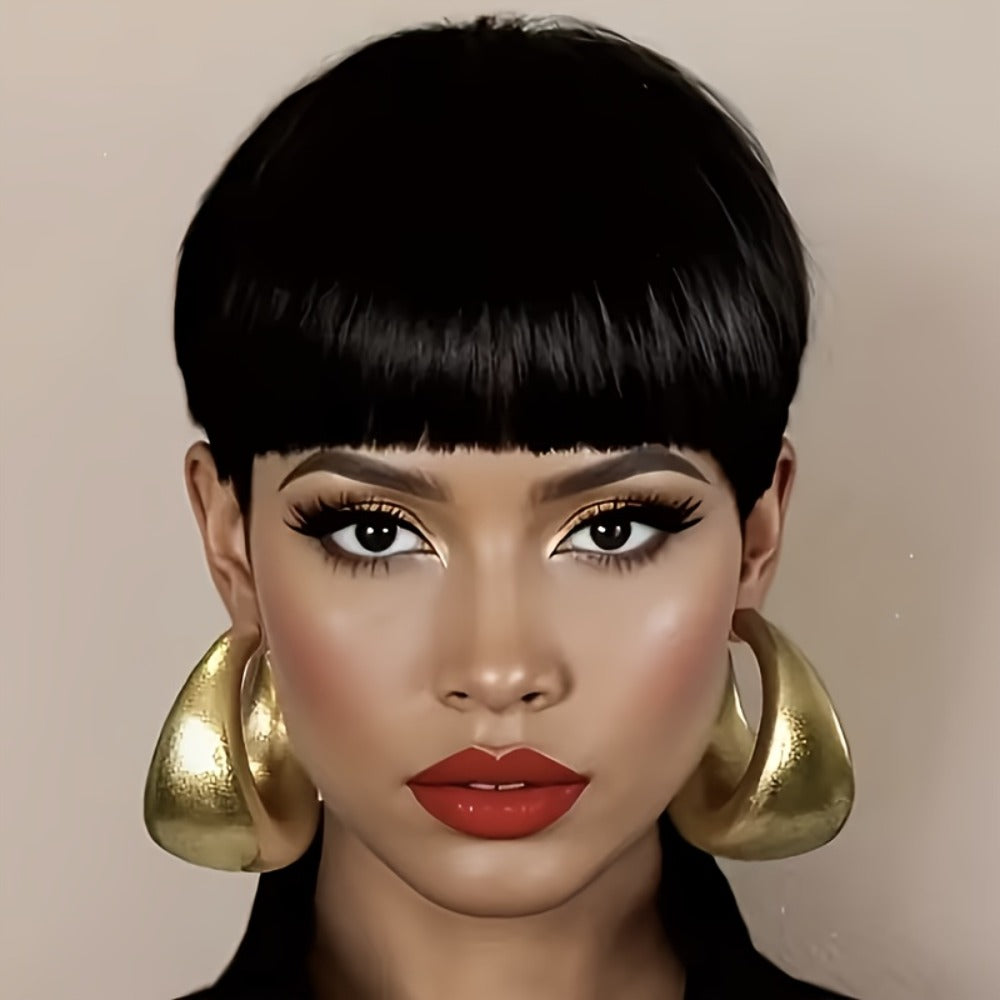 6-Inch Pixie Cut Human Hair Wig with Full Bangs, 180% Density and Black or Burgundy Color Selections