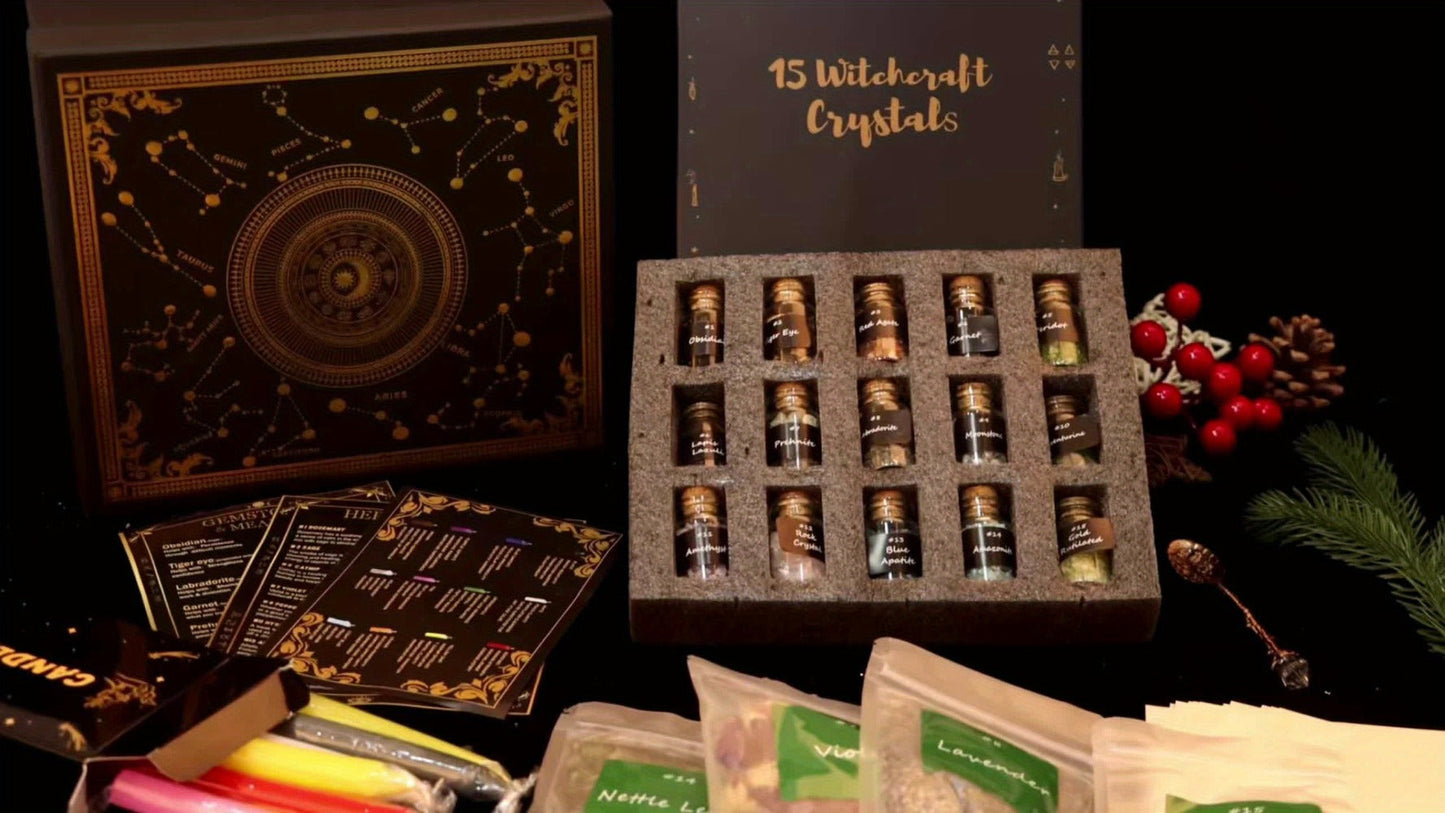60pcs Witchcraft Supplies Kit for Beginners, Wiccan Supplies & Tools with Crystals, Candles