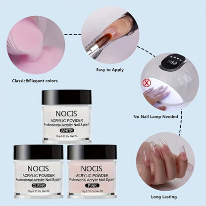 Acrylic Nail Kit NOCIS Clear, Pink and White Powder Set with Liquid Monomer, Five Brushes, File and Mixing Cup