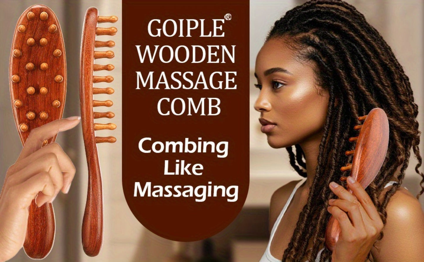 Sandalwood Loc Comb Wide Tooth 2 Pcs Wooden Ergonomic Detangling Comb for Dreads Locs Curly, for Home, Travel and Salon Hair Styling