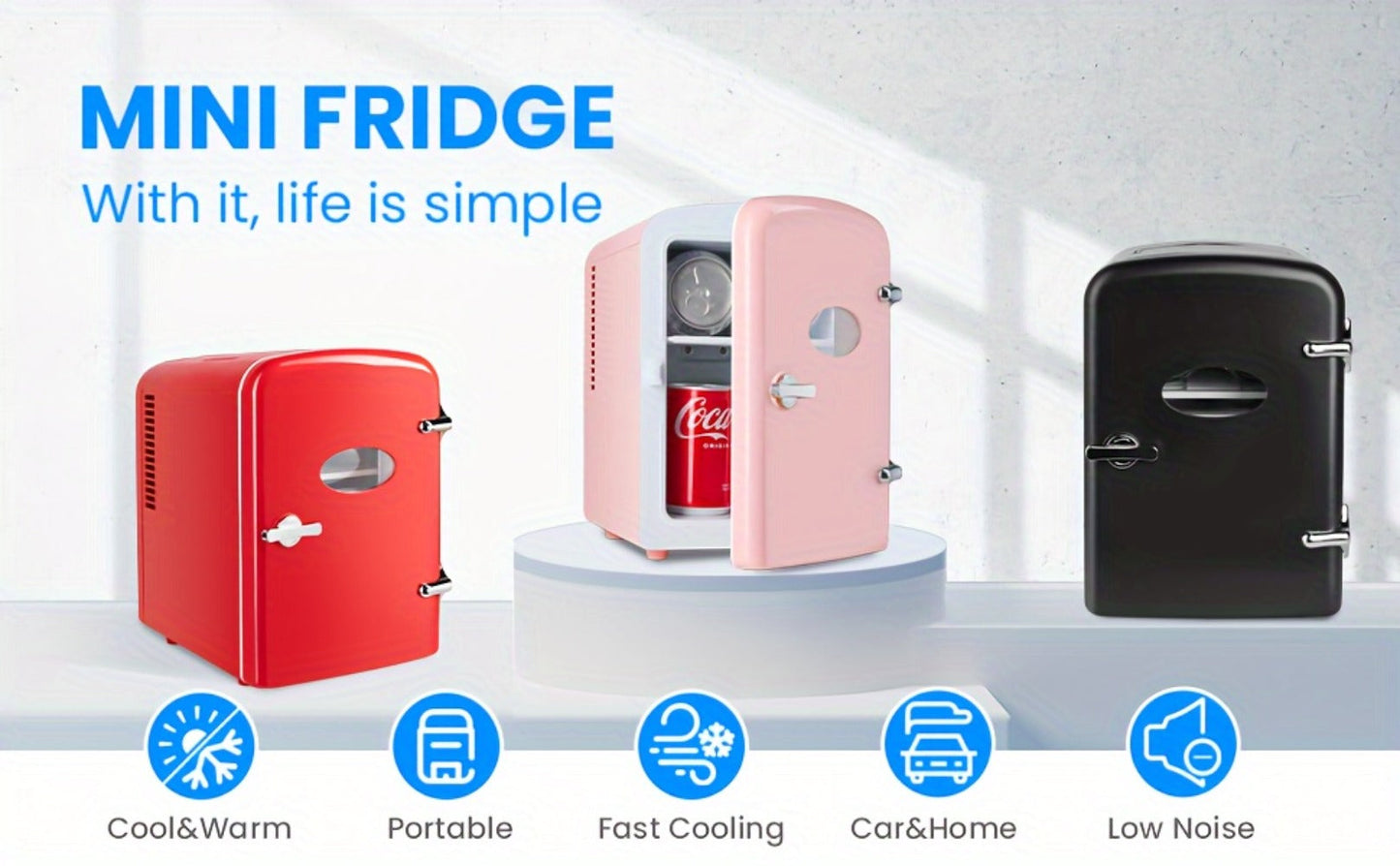 4-Liter Portable Mini Cooler and Warmer with Decorative Stickers, Carry Handle, Shelf and Black, Pink or Red Options